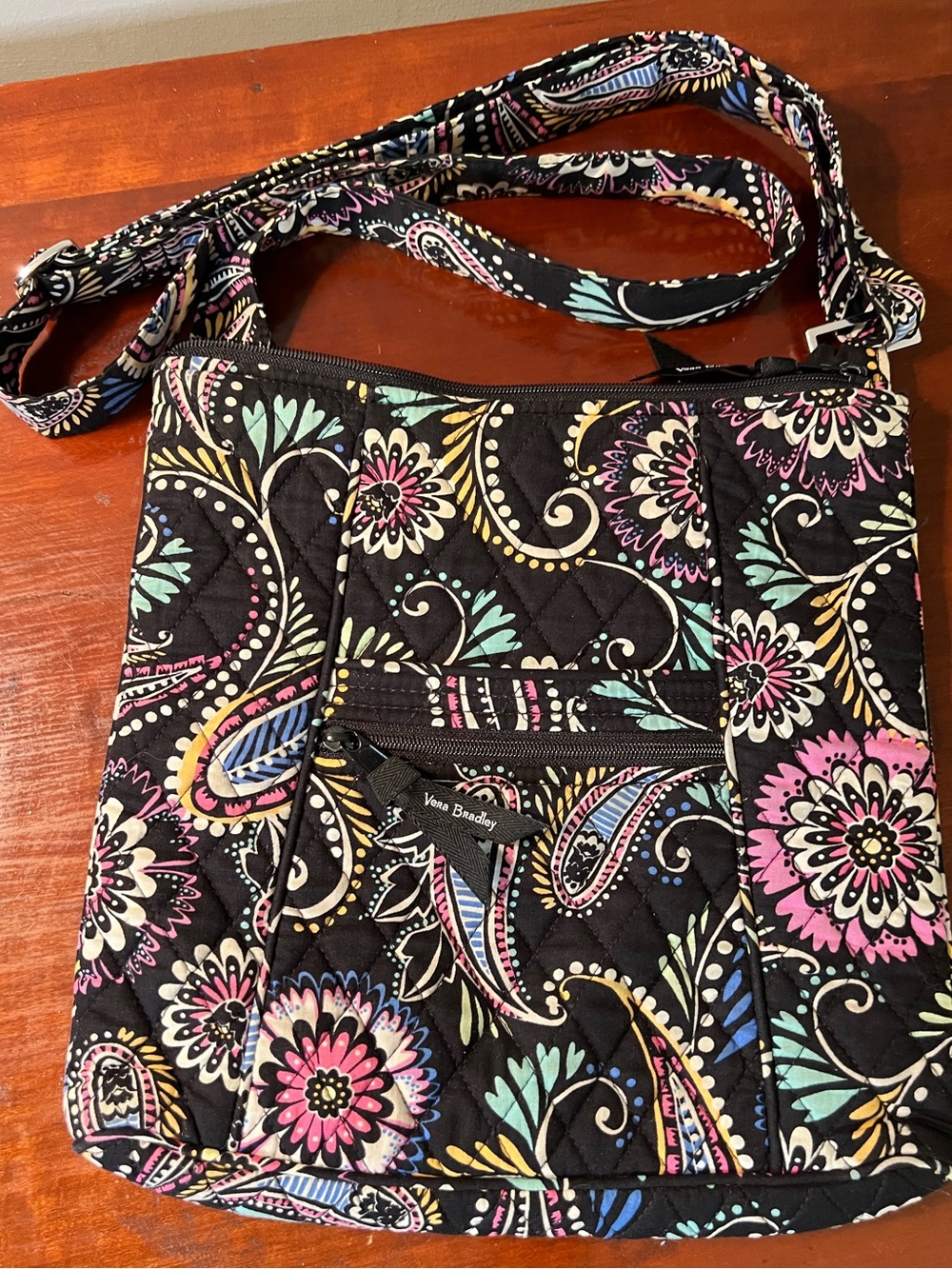 Vera Bradley Quilted Black Multi colored Paisley Floral Print Crossbody Purse